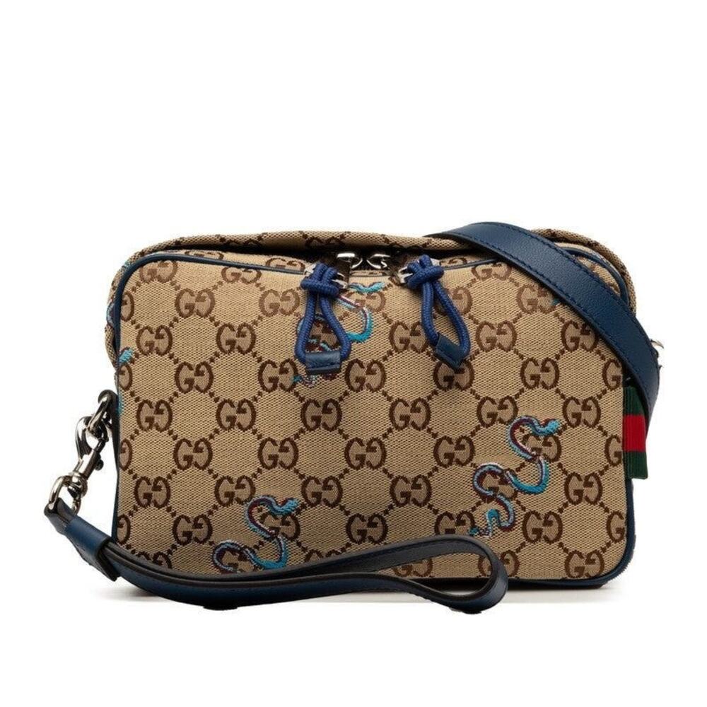 Gucci GG Canvas Snake Embroidered Shoulder Bag Beige